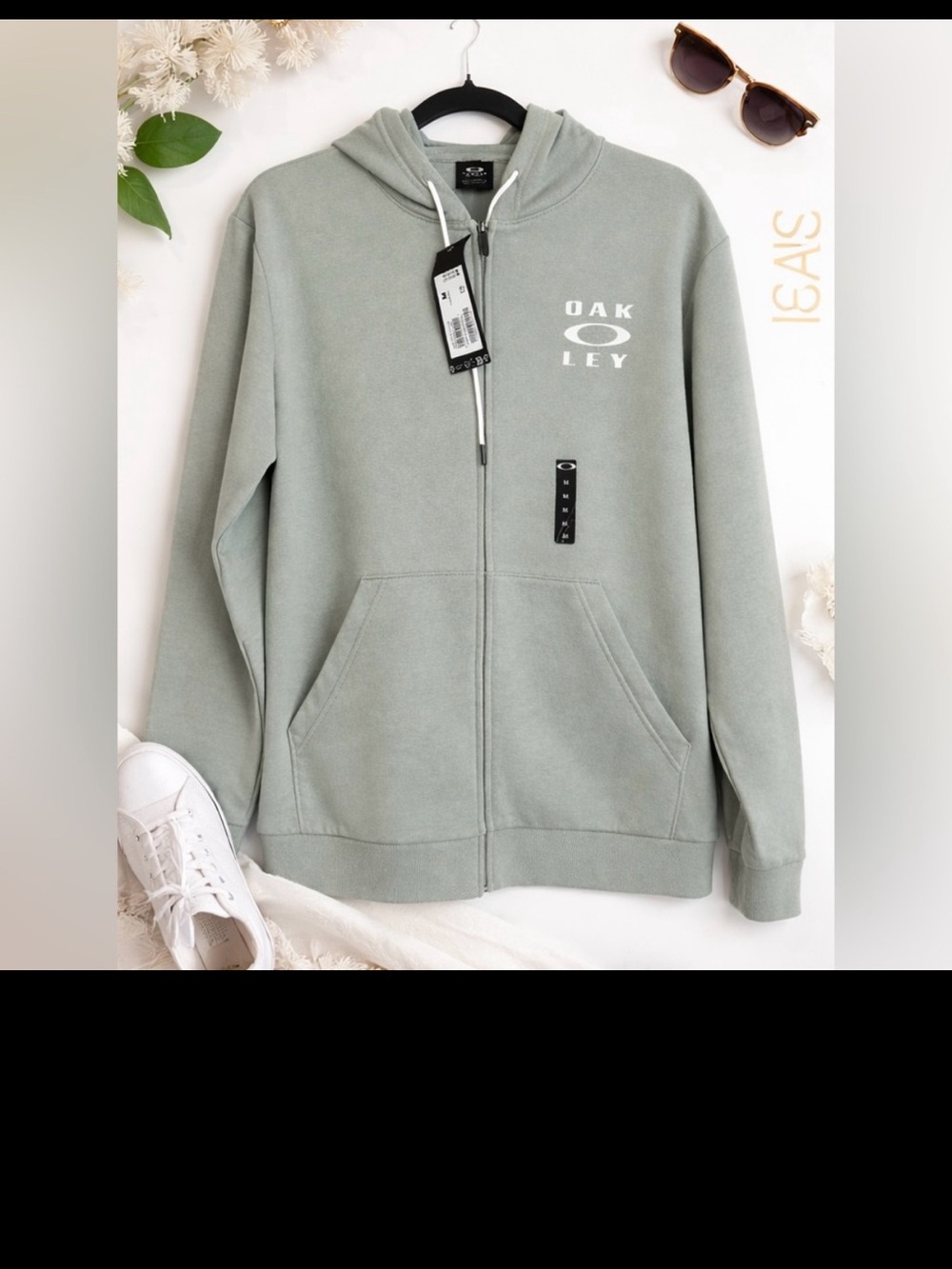 NWT Oakley Light Gray Zip-Up Hoodie with White Drawstrings size medium